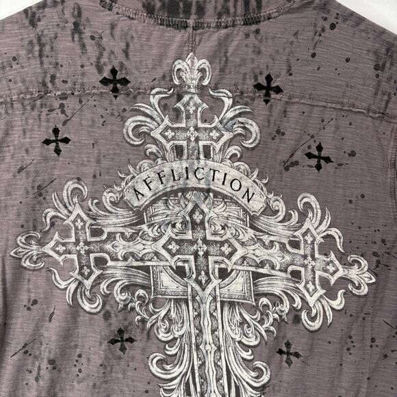 Affliction Y2K Size S Henley Shirt Tee Gothic Rock Cross Distressed Velvet Gray - Picture 5 of 12